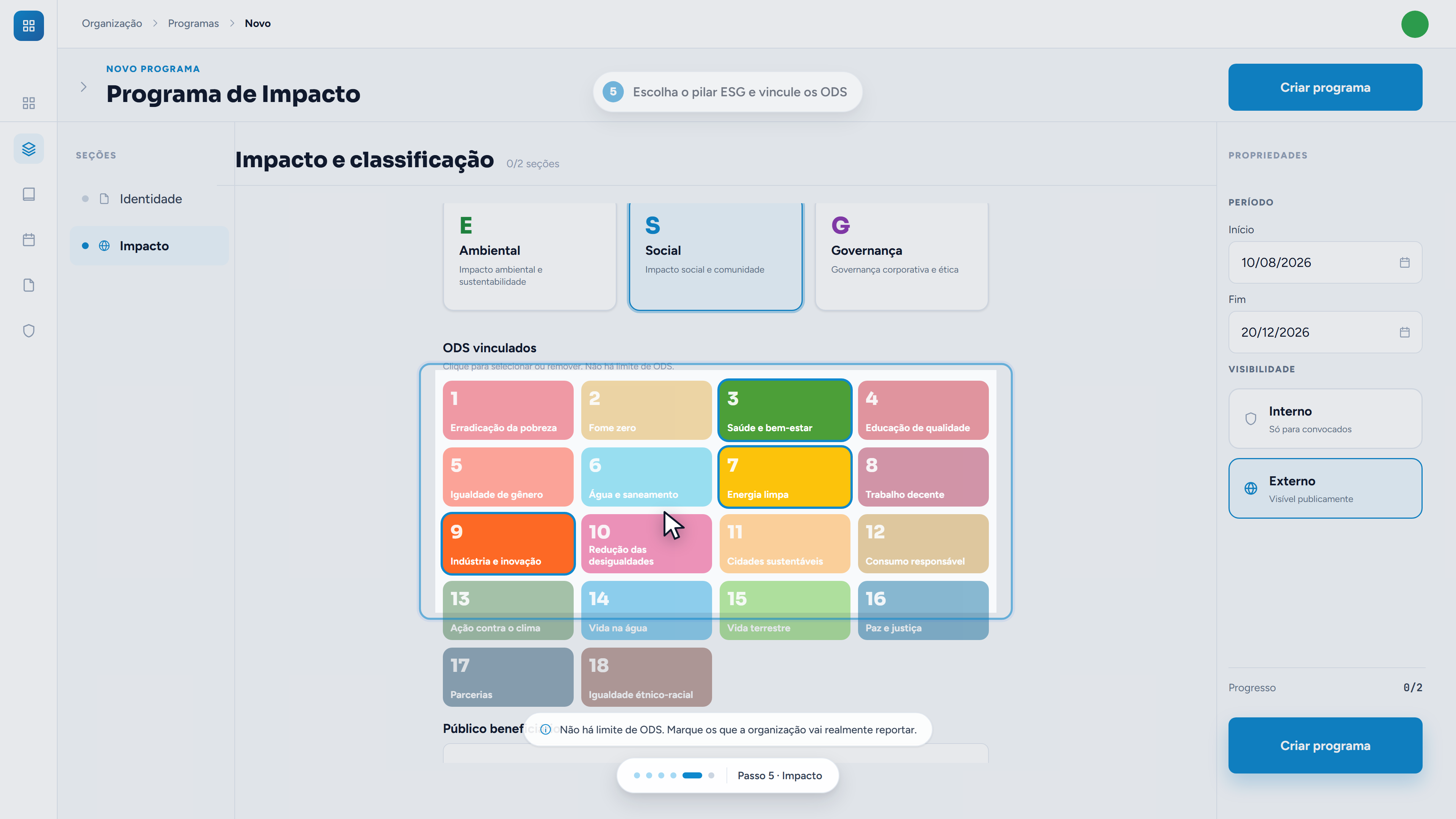 Os ODS marcados ficam em cor cheia; os demais, esmaecidos.