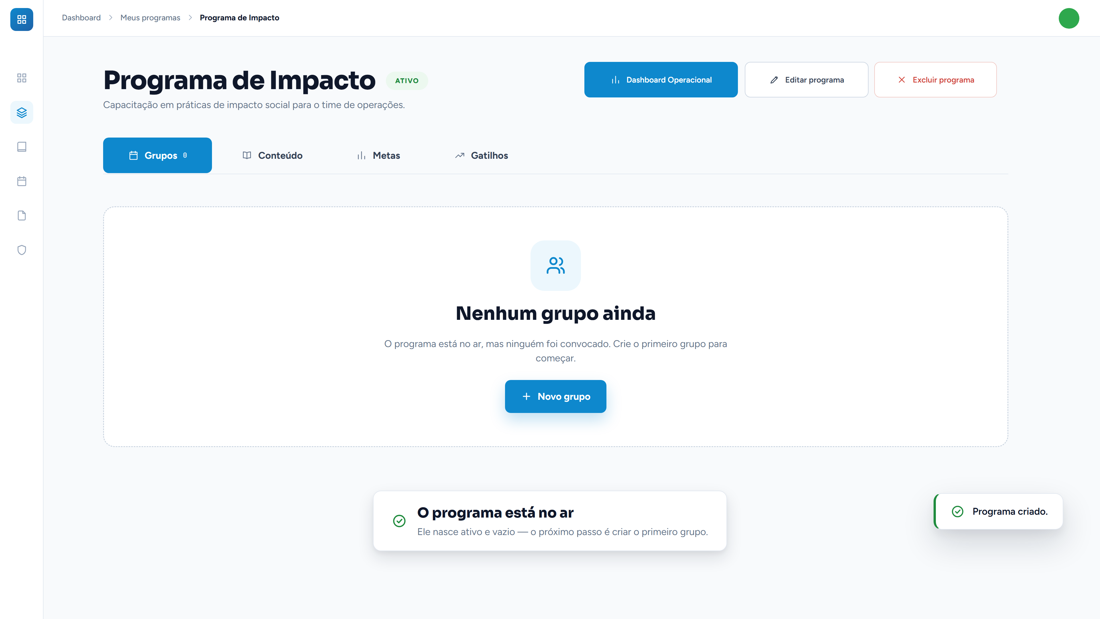 Ativo e sem ninguém dentro. O próximo passo é criar o primeiro grupo.