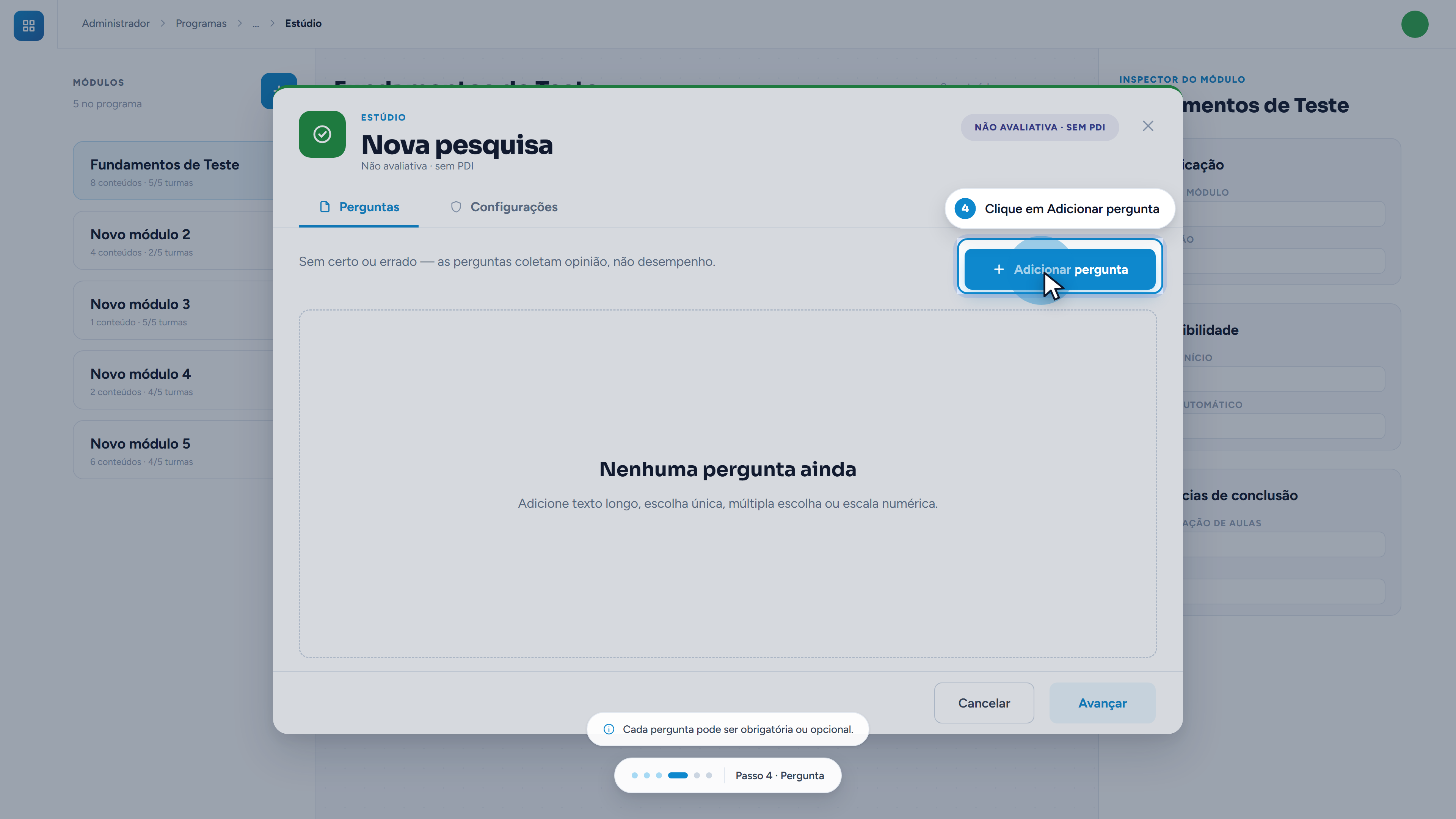 O botão Adicionar pergunta fica no topo da aba Perguntas.