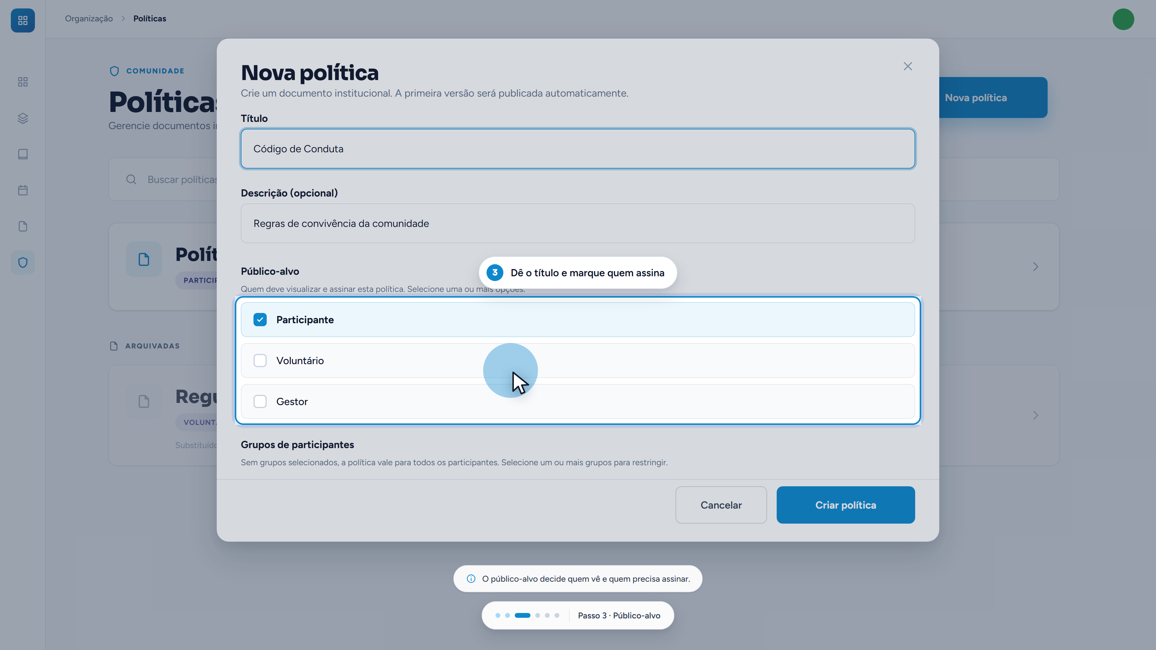 Título, descrição e o público-alvo por perfil.
