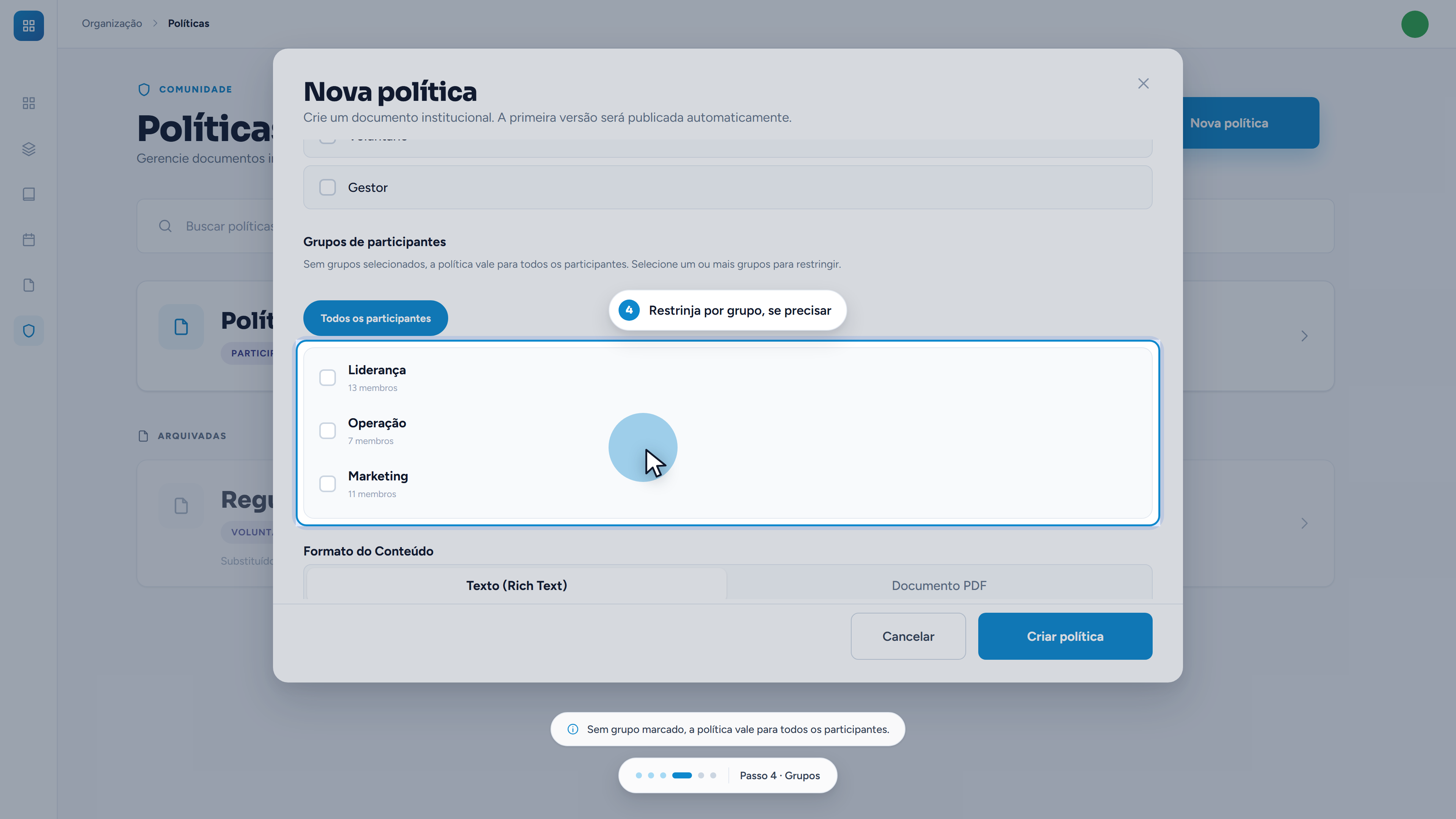 Cada grupo mostra quantos membros tem, o que ajuda a dimensionar o alcance antes de publicar.
