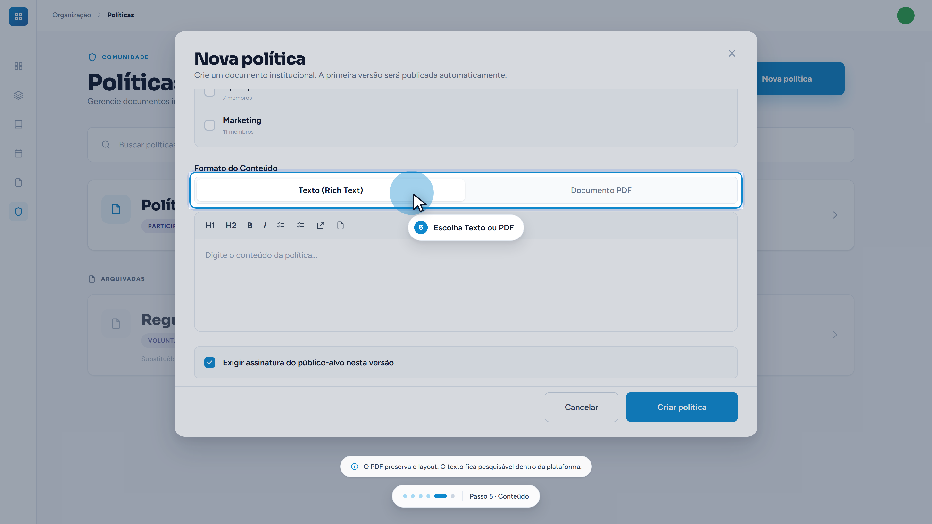 No formato Texto, o editor aparece logo abaixo do seletor.