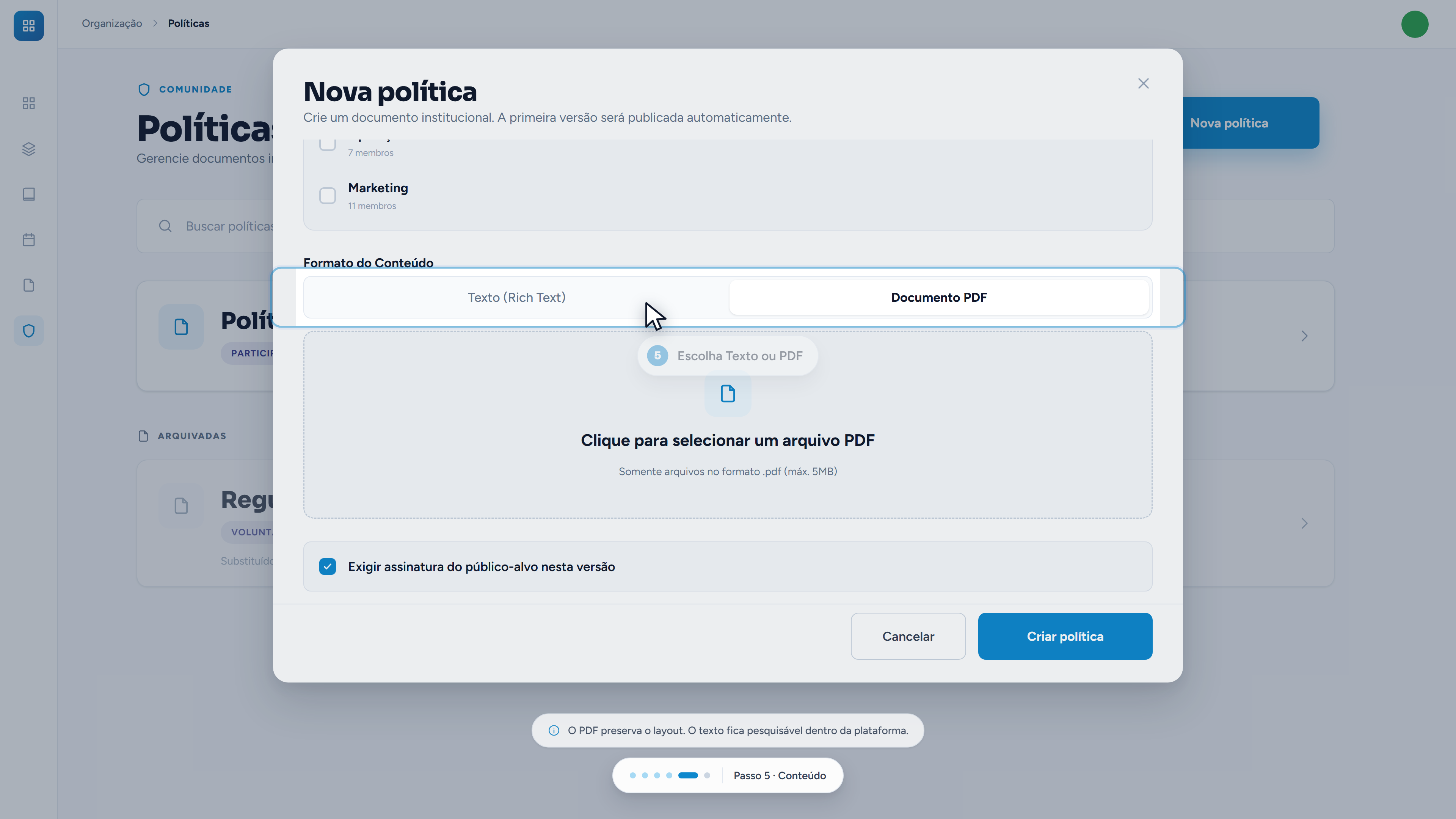 No formato PDF, o editor dá lugar à área de envio do arquivo.